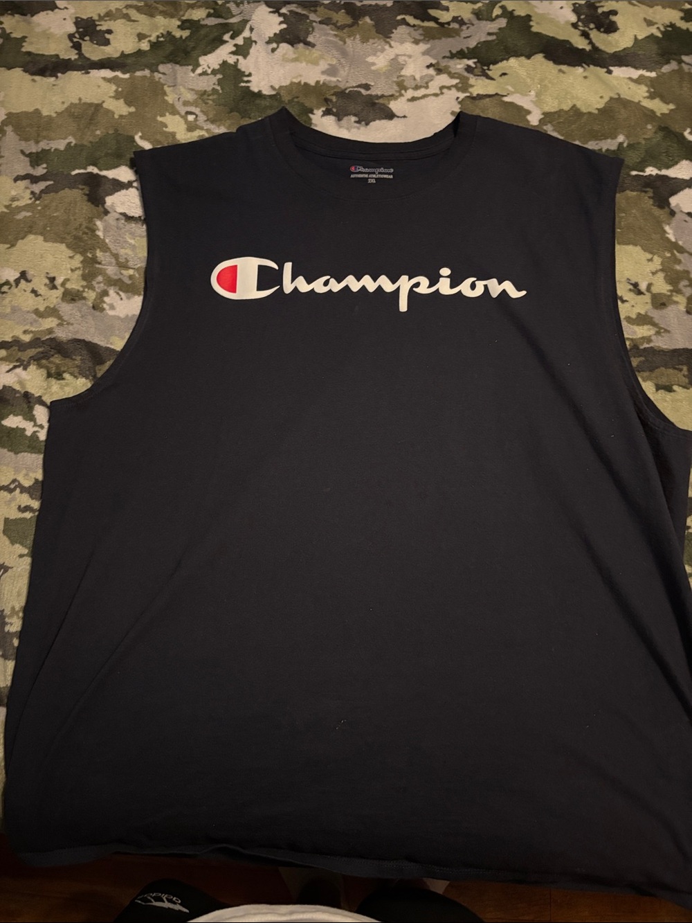 Champion Navy Blue Tank Top with Cream Logo and Red Accent